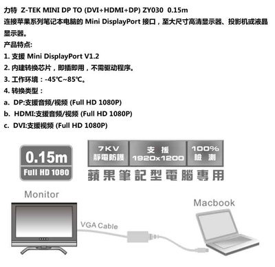Z-TEK 力特 MINI DP TO (DVI+HDMI+DP) 0.15米轉接線 技術參數、應用場景與市場供應解析